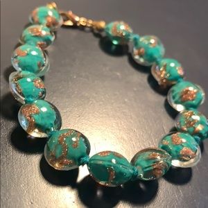 Italian Murano Glass Bracelet Green & Gold Sparkle